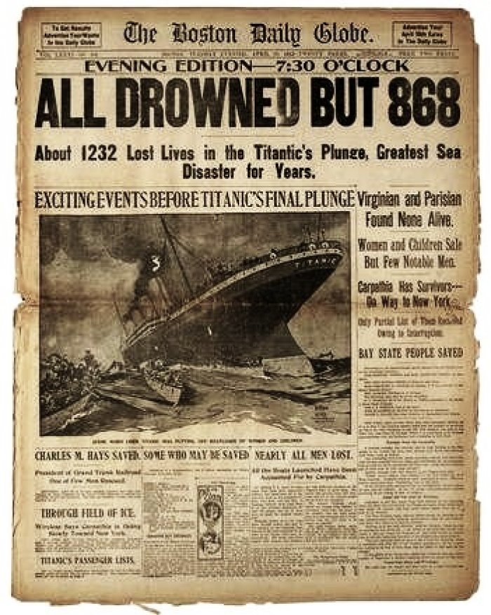 zpráva o katastrofě Titanicu, Boston Daily Globe