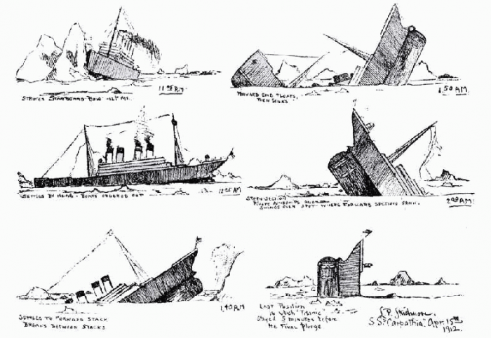 potopení Titaniku - svědectví účastníka katastrofy (kresba: Jack Thayer)