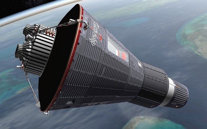 Kosmická loď Friendship 7 (3D model vytvořený programem Celestia; autor: James R. Bassett, CC-BY-SA-2.5)