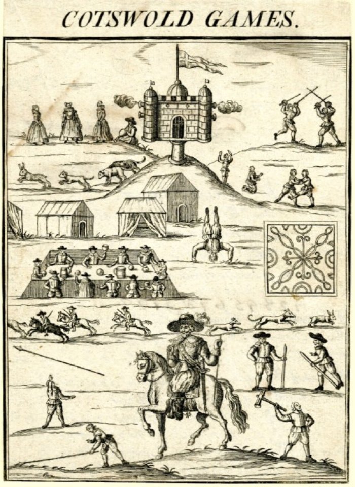 Anglické olympijské hry - Cotswold (dobová dřevořezba, přetisk: Annalia Dubrensia, public domain)