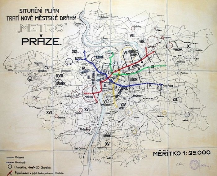 Návrh sítě pražského metra z roku 1926 - Ing. Vladimír List, Ing. Bohumil Belada (foto: archiv DPP)