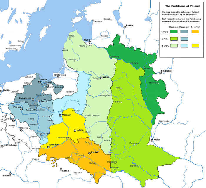 Trojí dělení Polska se týkalo i značného území dnešní Ukrajiny (mapa: Halibutt/Sneecs, CC BY-SA 3.0)