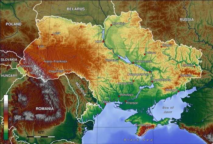 Fyzikální mapa Ukrajiny (zdroj: Generic Mapping Tools, CC BY-SA 3.0)