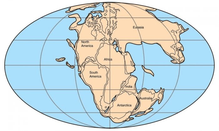 Rozmístění zemských desek na původním kontinentu Pangea