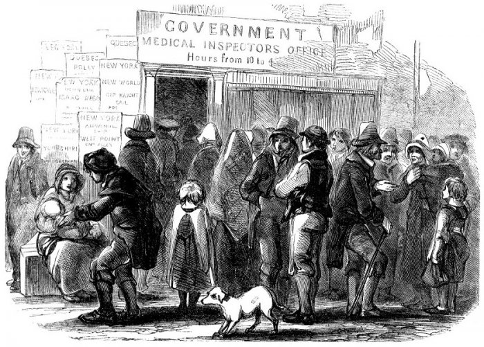 USA, irští přistěhovalci před pracovním úřadem (dobová ilustrace)