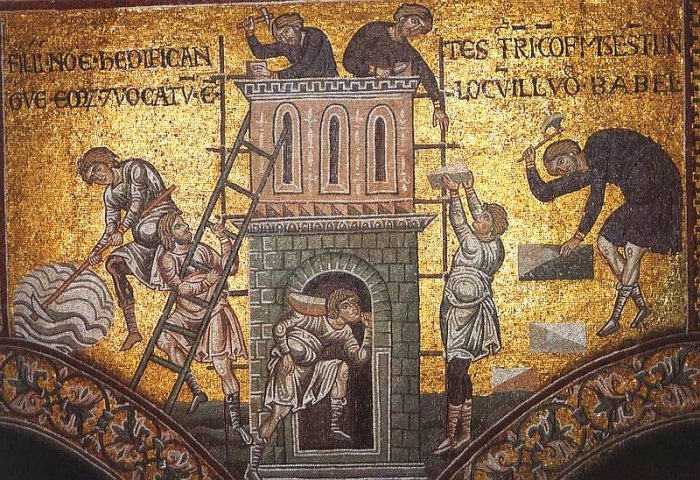Stavba věže v Babylónu (katedrála Monreale, Itálie - public domain)
