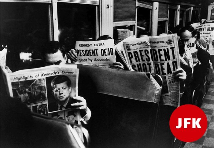 JFK death report in newspaper (subway, New York)