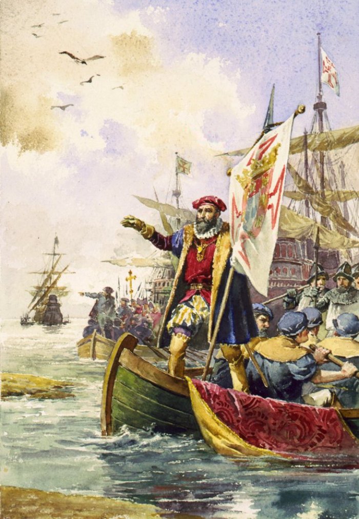Zámořské objevy: portugalský mořeplavec Vasco da Gama přijíždí do Indie (ilustrace: Ernesto Casanova, public domain)