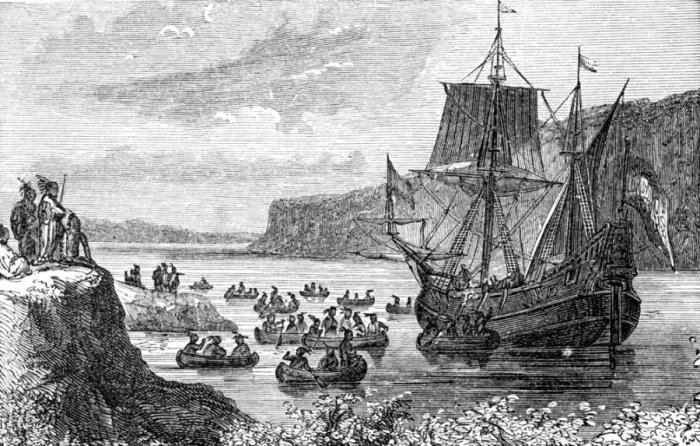 Zámořské objevy: holandská loď Halve Maen na řece Hudson, USA (dobová rytina, public domain)