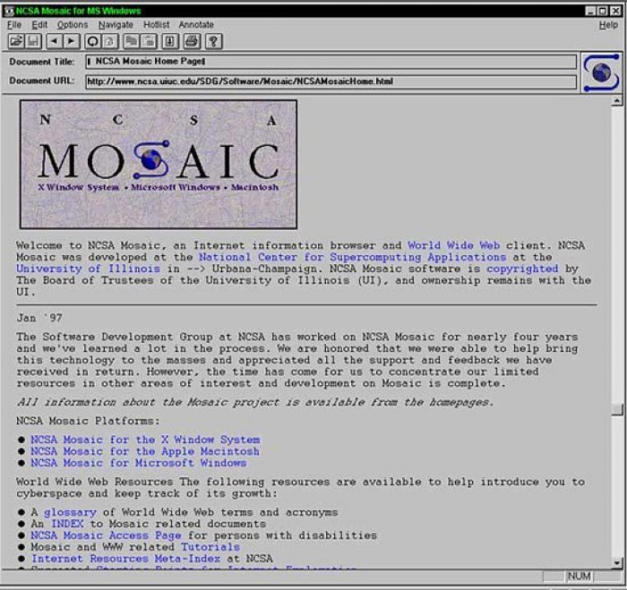 Internetový prohlížeč Mosaic (obrazovka: NCSA Mosaic, University of Illinois)