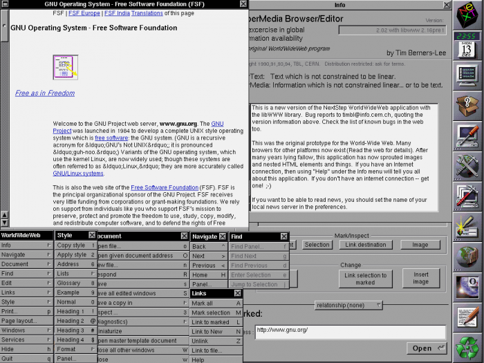 Zobrazení v prohlížeči WorldWideWeb (obrázek: Tim Berners-Lee, CERN, public domain)