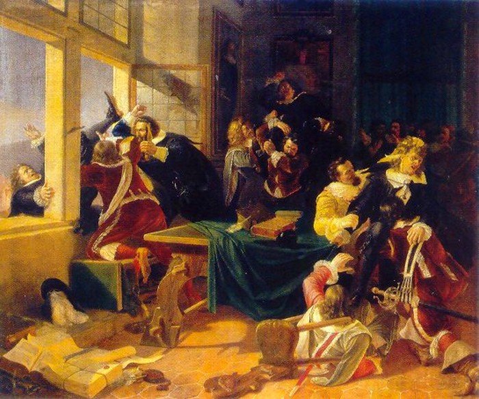 Pražská defenestrace, začátek 30leté války - 1618 (obraz: Karel Svoboda, public domain)